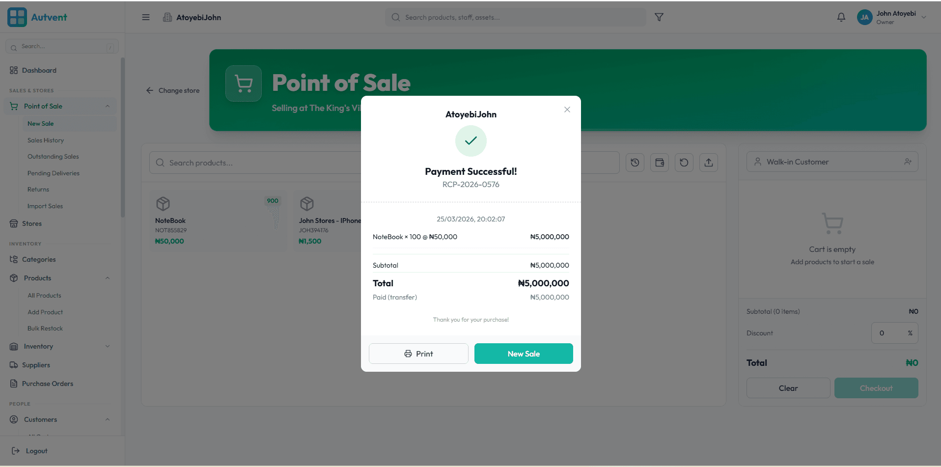 Autvent point of sale with product grid and checkout