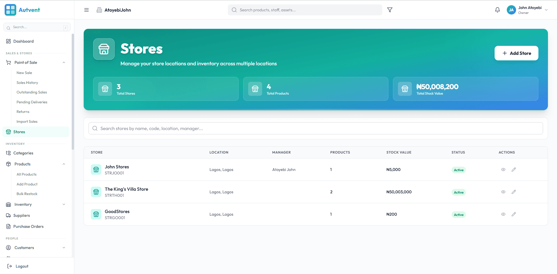 Autvent stores page with locations, stock value, and store table